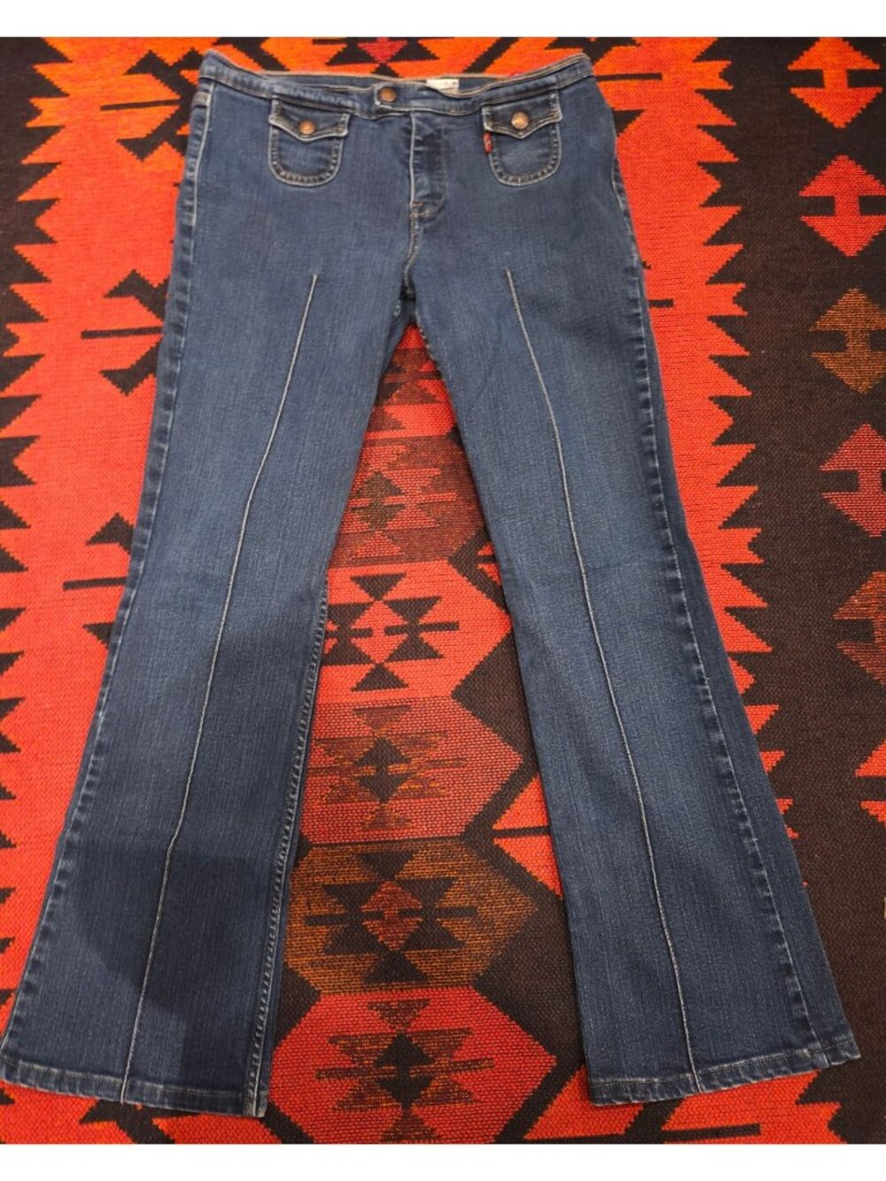 Vintage Levi's Blue Flared Stretch Denim Jeans Front Pockets Womens Size 7